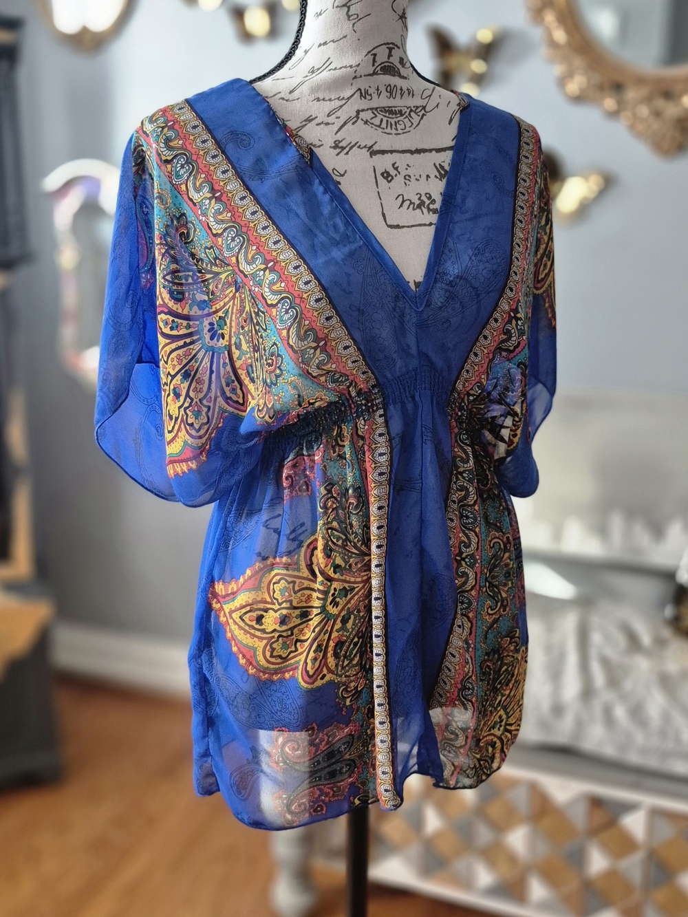 Boho 90s Vibe V-Neck Paisley Sheer Tunic Top Small - Picture 3 of 11